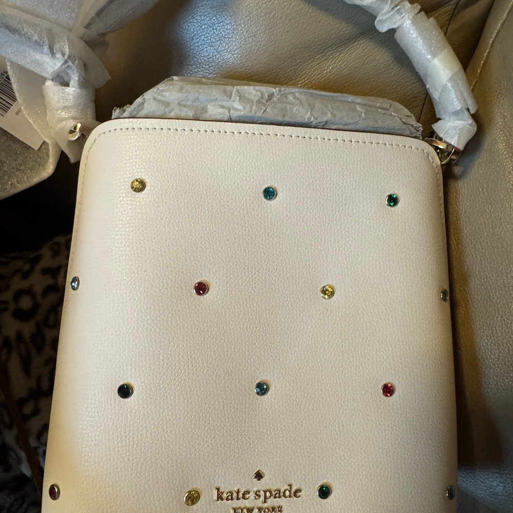 Kate Spade Darcy White Crossbody Bag with Multicolor Studs.